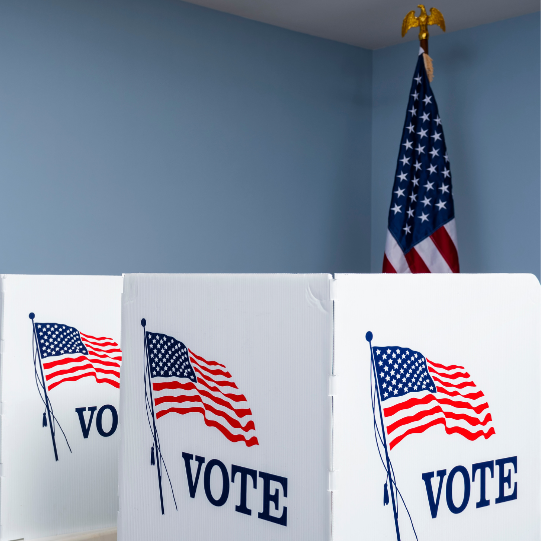 Photo of American Flags and a Voting Booth