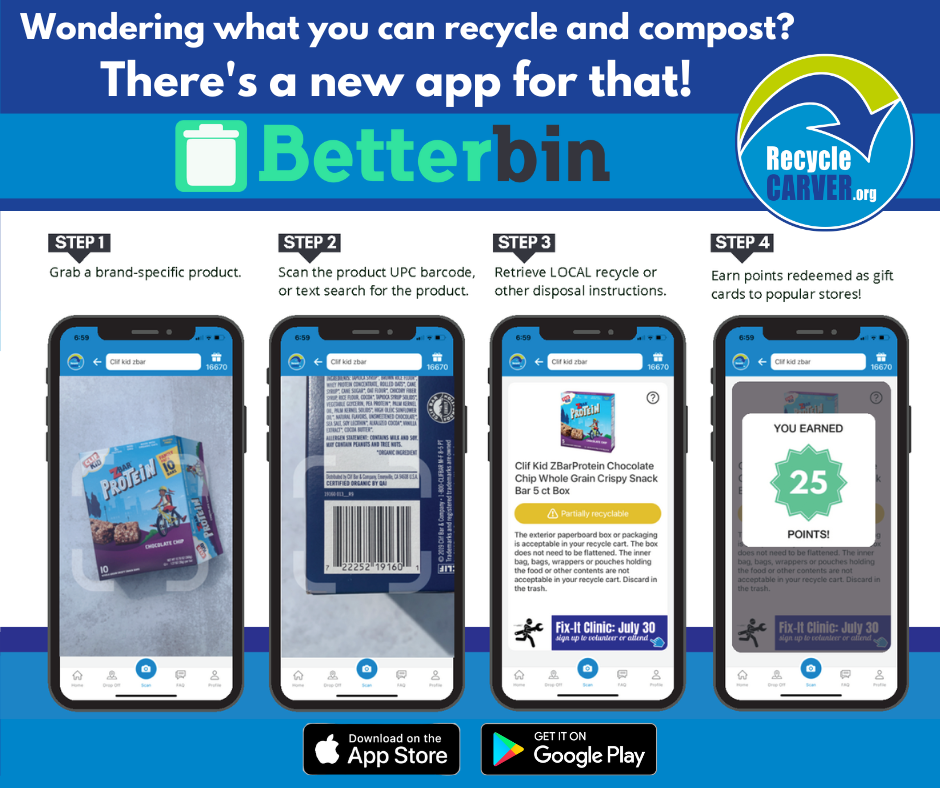 Photo of a smart phone using the BetterBin app to find out if it is recyclable. Text: Wondering what you can recycle and compost? There's a new app for that! Betterbin.