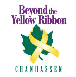 Graphic of a maple leaf wrapped in a ribbon. Text: Beyond the Yellow Ribbon Chanhassen